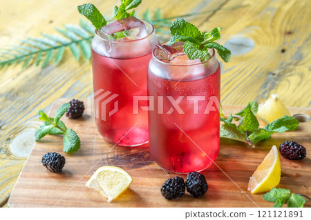Blackberry Fizz Mocktail with mint, lime, and honey for a refreshing sip 121121891