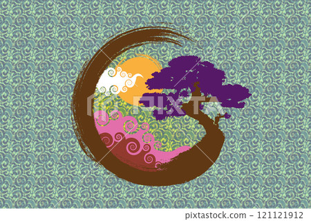 Japanese landscape on Enso Zen Circle, Bonsai Tree and big red sun, hand-drawn with colorful ink in traditional oriental style sumi-e, Vector logo design in Paint Brush art design, vintage background 121121912