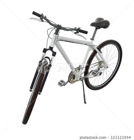 White bicycle standing on kickstand, front side view isolated on white background, 3D illustration White bicycle standing on kickstand, front side view isolated on white background, 3D illustration 121121934