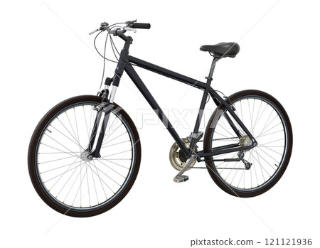 Black bicycle, side front view isolated on white background, 3D illustration Black bicycle, side front view isolated on white background, 3D illustration 121121936