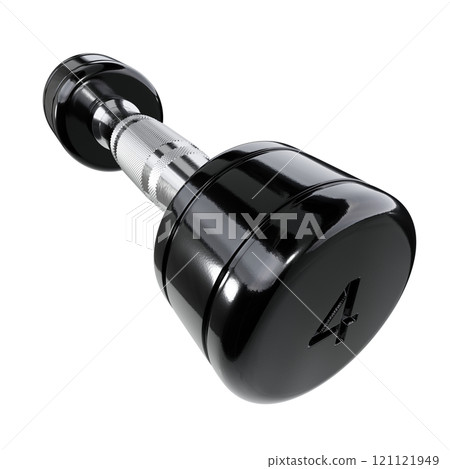 Round Chrome Dumbbell with number 4, weightlifting gym equipment wide angle view 121121949