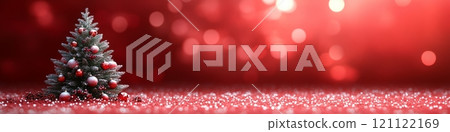 A Christmas tree with colorful decorations close-up on a dark red background, soft glow of bokeh lights. New Year and Christmas Banner. Copy Space for Text. Advertising Template 121122169