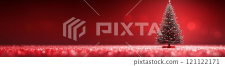 A Christmas tree with colorful decorations close-up on a dark red background, soft glow of bokeh lights. New Year and Christmas Banner. Copy Space for Text. Advertising Template 121122171