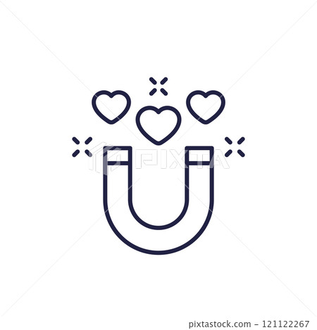 Magnet and hearts, attraction line icon 121122267