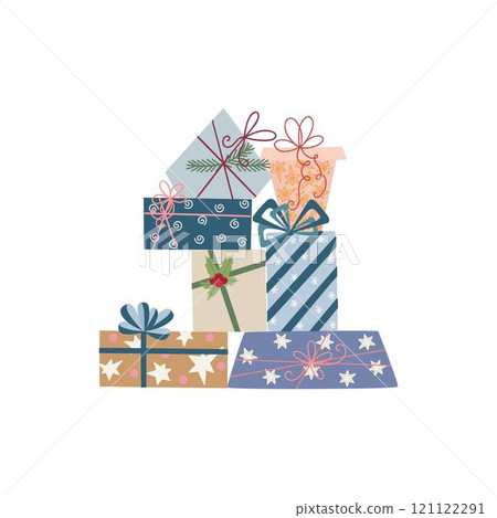 Beautifully wrapped holiday presents in a colorful heap, featuring elegant designs and cheerful ribbons, perfect for festive visuals 121122291
