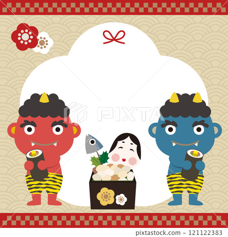 拿著Ehomaki方形框架的節分紅惡魔和藍惡魔 121122383