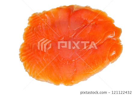 Thin slice of low-salt salmon fillet isolated on white. Red fish, food. Thin slice of low-salt salmon fillet isolated on white. Red fish, food. 121122432