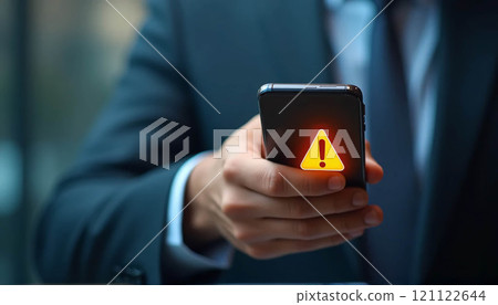 To caution businessmen against investing in the current economic climate and the associated risks, businessmen utilize mobile smart phones with a virtual warning sign. 121122644