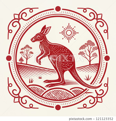 A detailed red logo with kangaroo, in an artistic landscape with trees and sun A detailed red logo with kangaroo, in an artistic landscape with trees and sun 121123352