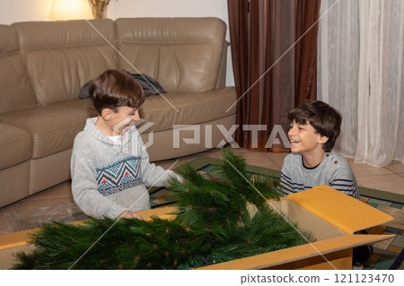 Two brothers joyfully assembling christmas tree indoors in cozy living room 121123470