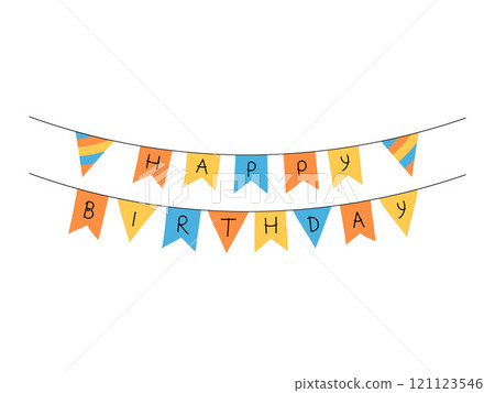 Happy birthday flags hanging banner. Bday party decoration. Vector hand drawn streamer with words. Festive birthday flag garland Happy birthday flags hanging banner. Bday party decoration. Vector hand drawn streamer with words. Festive birthday flag garland 121123546