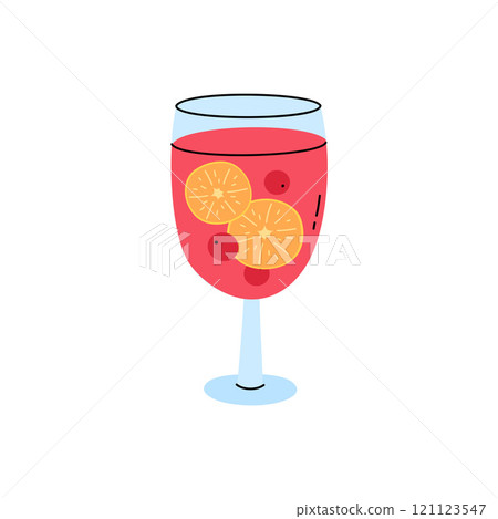 Punch drink in glass with citrus slices and cranberry berries. Cute hand drawn vector illustration of festive red beverage in wineglass for Christmas, New Year, birthday 121123547