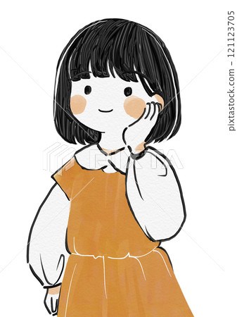 Hand-drawn illustration of a warm-hearted girl with her hand on her cheek Hand-drawn illustration of a warm-hearted girl with her hand on her cheek 121123705