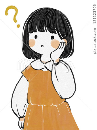 Question, worry, hat, girl with hand on cheek looking puzzled illustration Question, worry, hat, girl with hand on cheek looking puzzled illustration 121123706