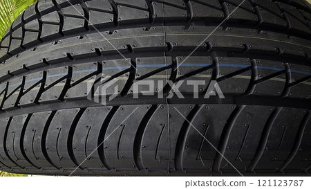 detailed image of a brand new car tire showcasing its intricate tread pattern for enhanced grip and performance 121123787