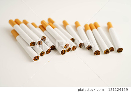 Cigarette, roll tobacco in paper with filter tube, No smoking. 121124139