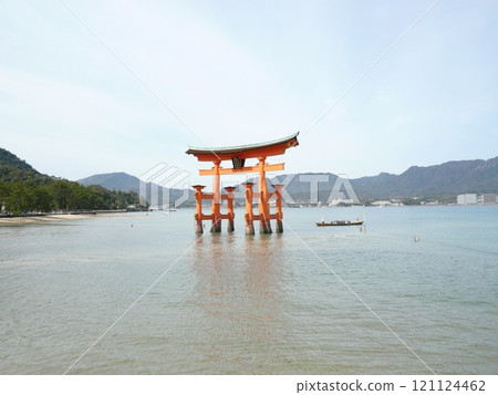 Itsukushima Shrine, also written as Itsukushima Shrine, is a shrine on Miyajima, Miyajima, in Hatsukaichi City, Hiroshima Prefecture, with a large vermilion torii gate and main building floating on the sea. 121124462