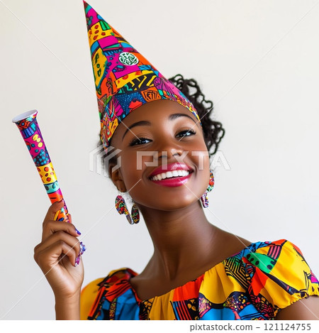 Fun cute young black woman wearing a paper cap isolated on a white background. Holiday greeting concept 121124755