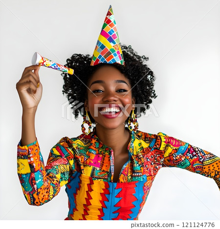 Fun cute young black woman wearing a paper cap isolated on a white background. Holiday greeting concept 121124776