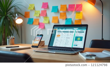 A workplace with a laptop and a smartphone. In the background, there are colorful stickers on the wall with the ideas of creative companies A workplace with a laptop and a smartphone. In the background, there are colorful stickers on the wall with the ideas of creative companies 121124798