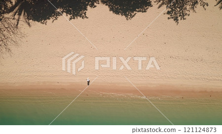 Pristine beach in Thailand, shadow of a lush palm tree, turquoise ocean water. Tropical island travel background, people relax, enjoy summer holiday vacation. Aerial top down view. Beach wallpaper Pristine beach in Thailand, shadow of a lush palm tree, turquoise ocean water. Tropical island travel background, people relax, enjoy summer holiday vacation. Aerial top down view. Beach wallpaper 121124873