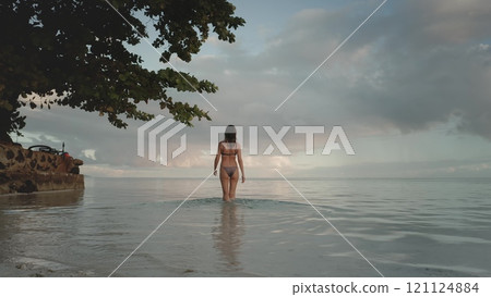 Young woman in a bikini is enjoying a relaxing evening on a tropical beach, walking into the calm ocean water as the sun sets over the horizon Young woman in a bikini is enjoying a relaxing evening on a tropical beach, walking into the calm ocean water as the sun sets over the horizon 121124884