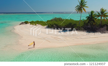 A person is walking on a sandy tropical beach, carrying a surfboard under their arm. The turquoise waters and palm trees can be seen in the background. 121124937