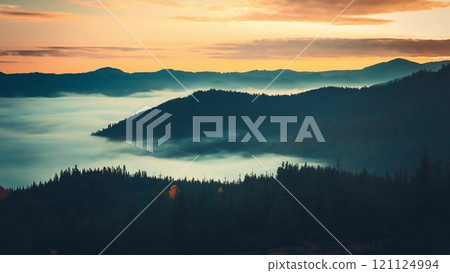 Golden hour sunrise illuminating foggy mountain ranges in the carpathian mountains, ukraine, creating a breathtaking natural spectacle Golden hour sunrise illuminating foggy mountain ranges in the carpathian mountains, ukraine, creating a breathtaking natural spectacle 121124994