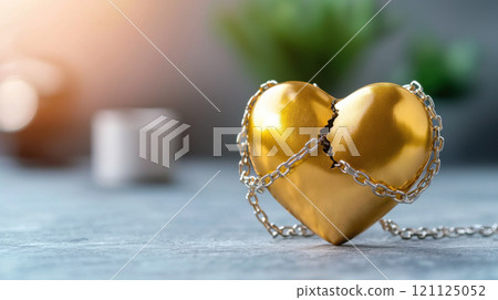Heart attack awareness concept. cracked golden heart wrapped in chains symbolizing cardiac health liberation 121125052