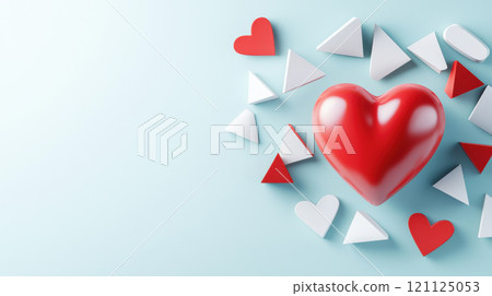 Heart attack awareness concept. glossy red heart surrounded by red and white collapsing geometric shapes. 121125053