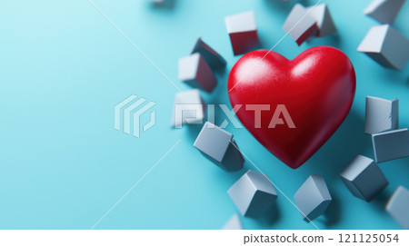 Heart attack awareness concept. glossy red heart surrounded by white collapsing geometric shapes. 121125054