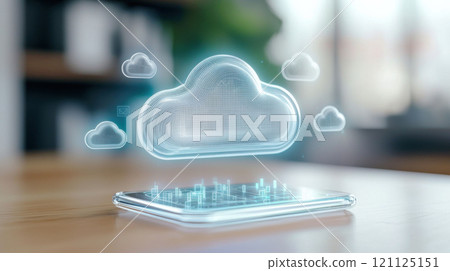 Digital transformation technology concept. Holographic cloud display over smartphone, symbolizing digital integration 121125151