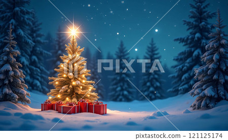 Ideal for seasonal material, the Christmas tree, holiday lights, shimmering background in blue and gold, festive ambiance, and bokeh effect enhance the celebratory feel. Ideal for seasonal material, the Christmas tree, holiday lights, shimmering background in blue and gold, festive ambiance, and bokeh effect enhance the celebratory feel. 121125174