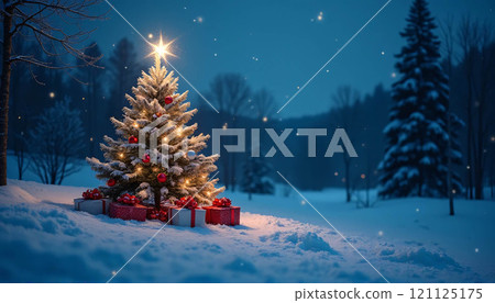 Ideal for seasonal material, the Christmas tree, holiday lights, shimmering background in blue and gold, festive ambiance, and bokeh effect enhance the celebratory feel. Ideal for seasonal material, the Christmas tree, holiday lights, shimmering background in blue and gold, festive ambiance, and bokeh effect enhance the celebratory feel. 121125175