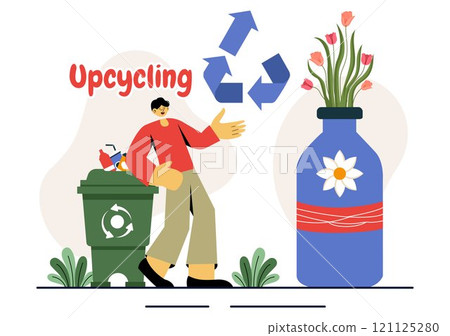 Upcycling Vector Illustration featuring the Process and Techniques of Reusing and Transforming Waste into Valuable Products in a Flat Style Background 121125280