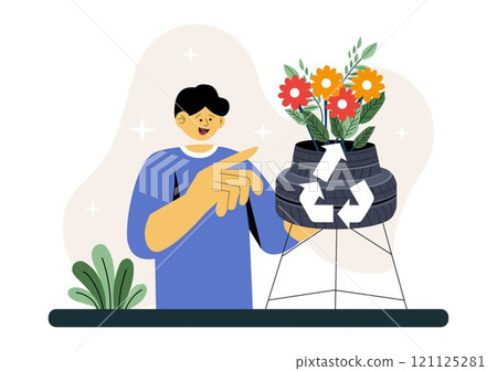 Upcycling Vector Illustration featuring the Process and Techniques of Reusing and Transforming Waste into Valuable Products in a Flat Style Background 121125281