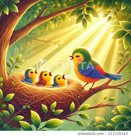 Morning greetings between chicks and their mother bird, nest bathed in the soft morning sun 121126163