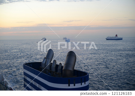 View of the Seto Inland Sea at sunrise from the deck of a ferry boat -1 121126183