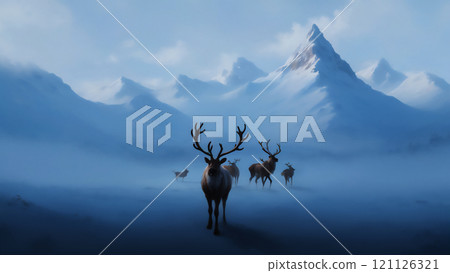 與馴鹿的雪景 121126321