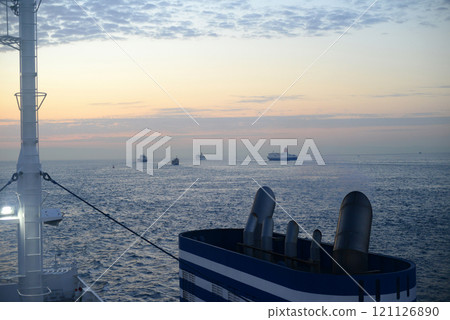 View of the Seto Inland Sea at sunrise from the deck of a ferry boat -2 121126890