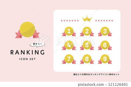 一組時尚的排名和排名的獎牌圖示（帶數字） 121126891