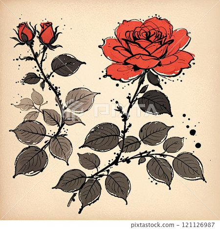 A rose in ink painting style. AI-generated image is used. 121126987