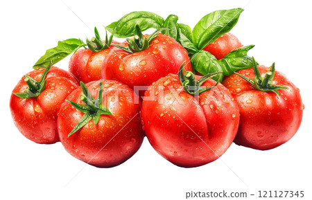 Fresh red tomatoes with basil leaves, glistening with water 121127345
