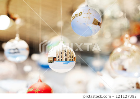Christmas tree baubles hanging on christmas market stall, festive decorations 121127382