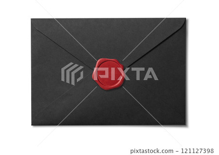 A black envelope sealed with sealing wax A black envelope sealed with sealing wax 121127398