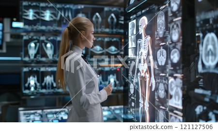 Female doctor partners with AI robot in modern lab for advanced healthcare collaboration 121127506