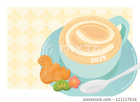 New Year's card 2025 Cute snake year latte art illustration 121127616