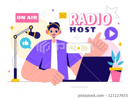 Radio Host Illustration Featuring People Wearing Headphones While Talking and Recording an Audio Podcast Show or Media Broadcasting in a Background Radio Host Illustration Featuring People Wearing Headphones While Talking and Recording an Audio Podcast Show or Media Broadcasting in a Background 121127633
