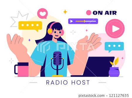 Radio Host Illustration Featuring People Wearing Headphones While Talking and Recording an Audio Podcast Show or Media Broadcasting in a Background 121127635
