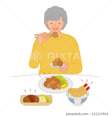 Smiling senior woman (living alone) eating a greasy meal 121127641